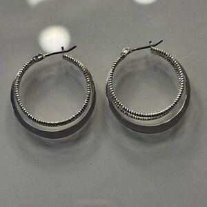 Silver Tone Hoop Earrings - Triple Layer Textured Beaded & Polished Multi-Hoop